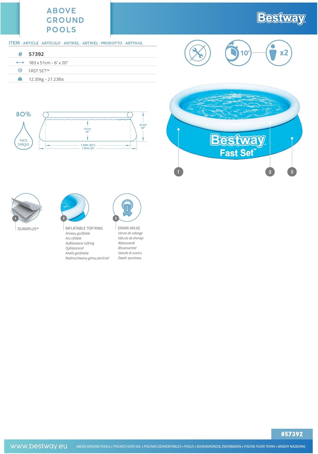 Fast Set Pool, rund 183 x 51 cm von Bestway