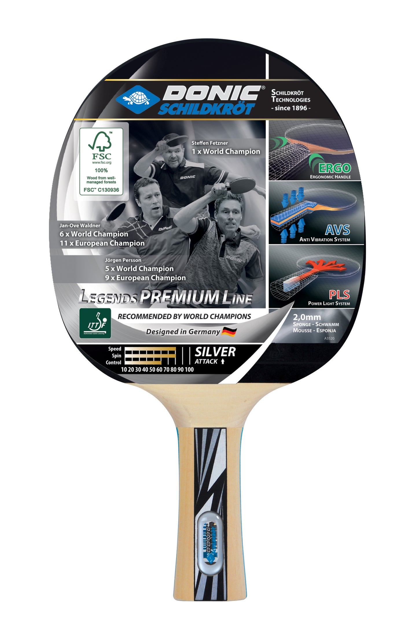 Donic Schildkröt table tennis bat Legends Silver, Premium Line including cover