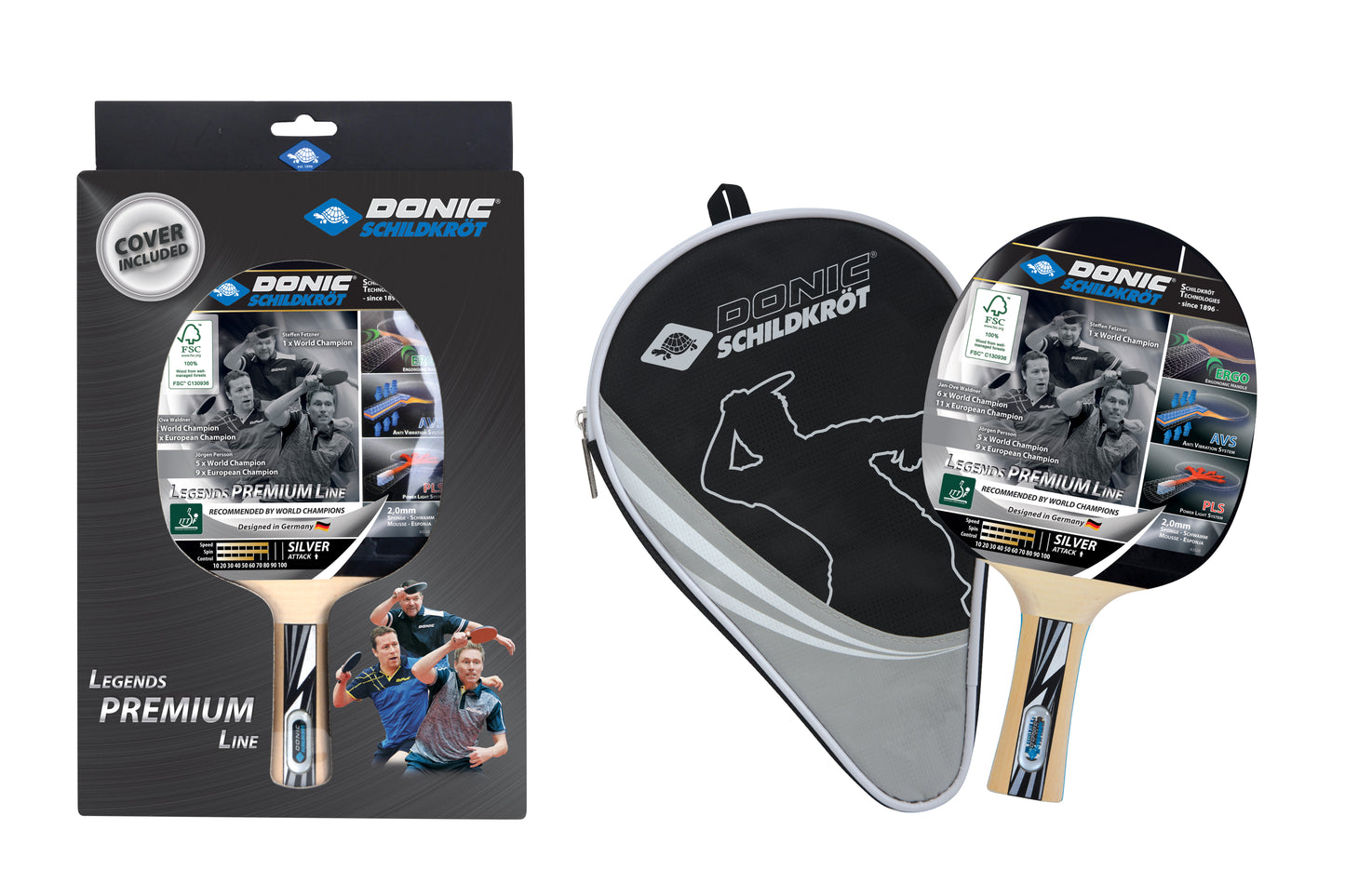 Donic Schildkröt table tennis bat Legends Silver, Premium Line including cover