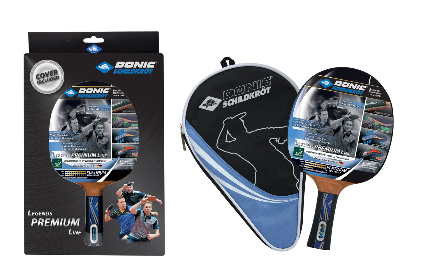 Donic Schildkröt table tennis bat Legends Platinium, Premium Line including cover