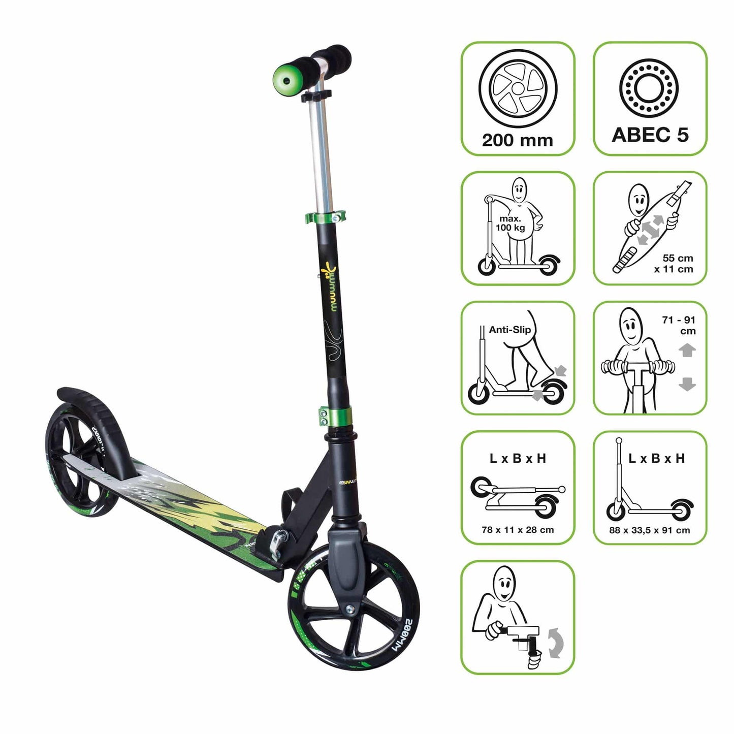 muuwmi Aluminium Scooter schwarz - grün - gelb 200 mm (B-Ware)