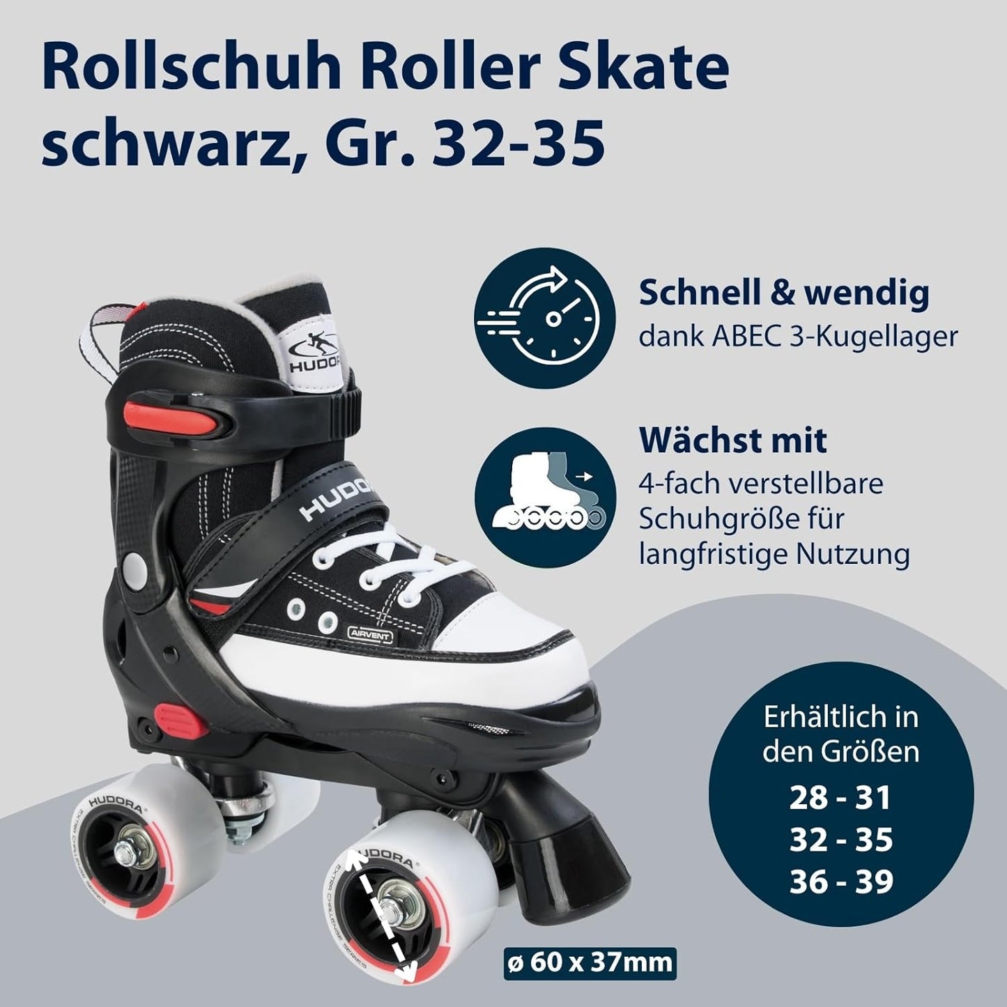 HUDORA roller skates, black, sizes 28-39