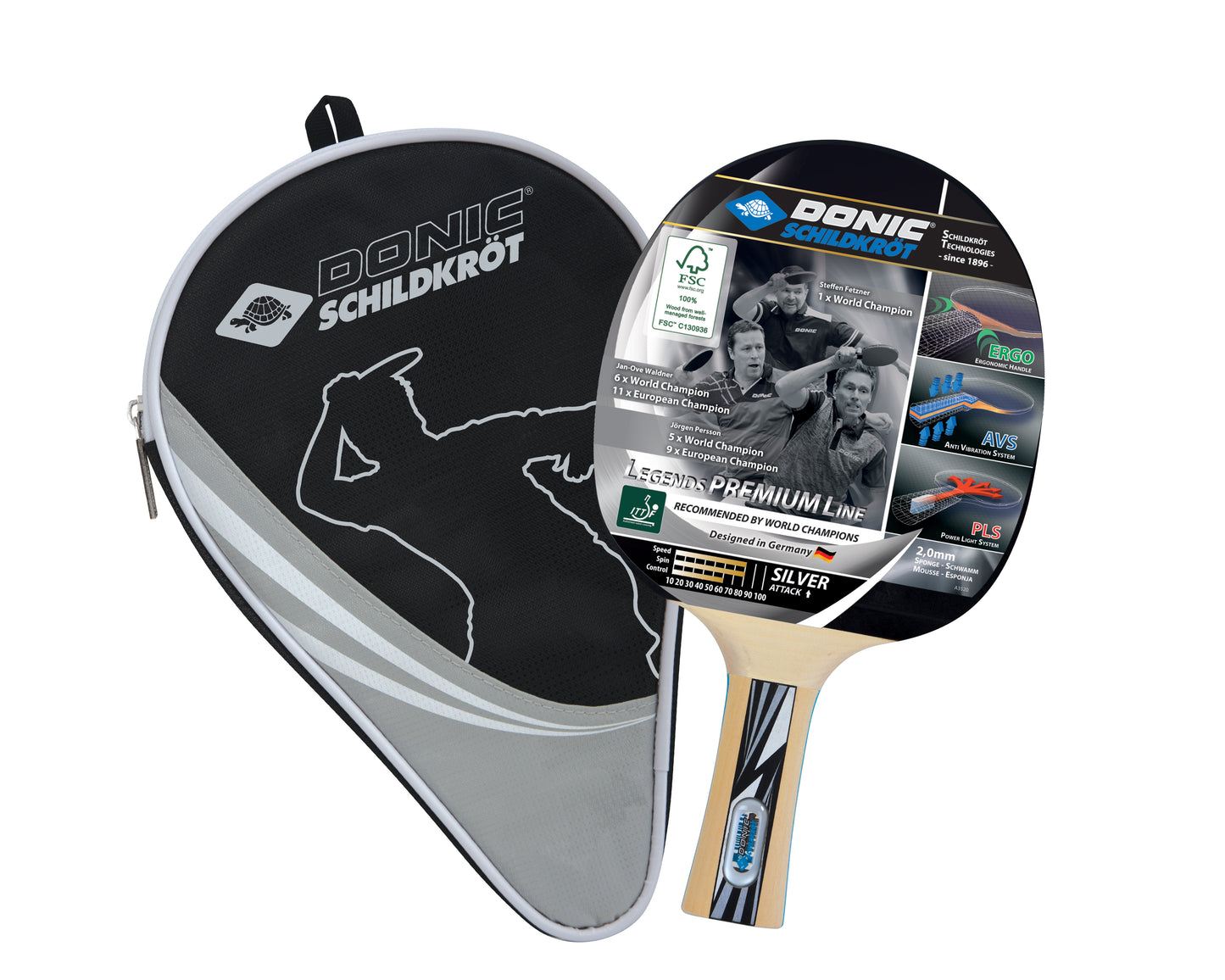 Donic Schildkröt table tennis bat Legends Silver, Premium Line including cover