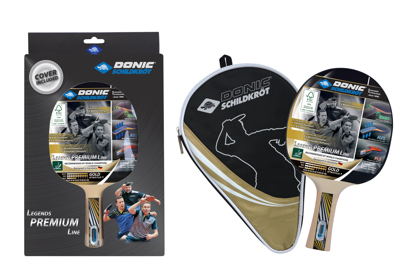 Donic Schildkröt table tennis bat Legends Gold, Premium Line including cover