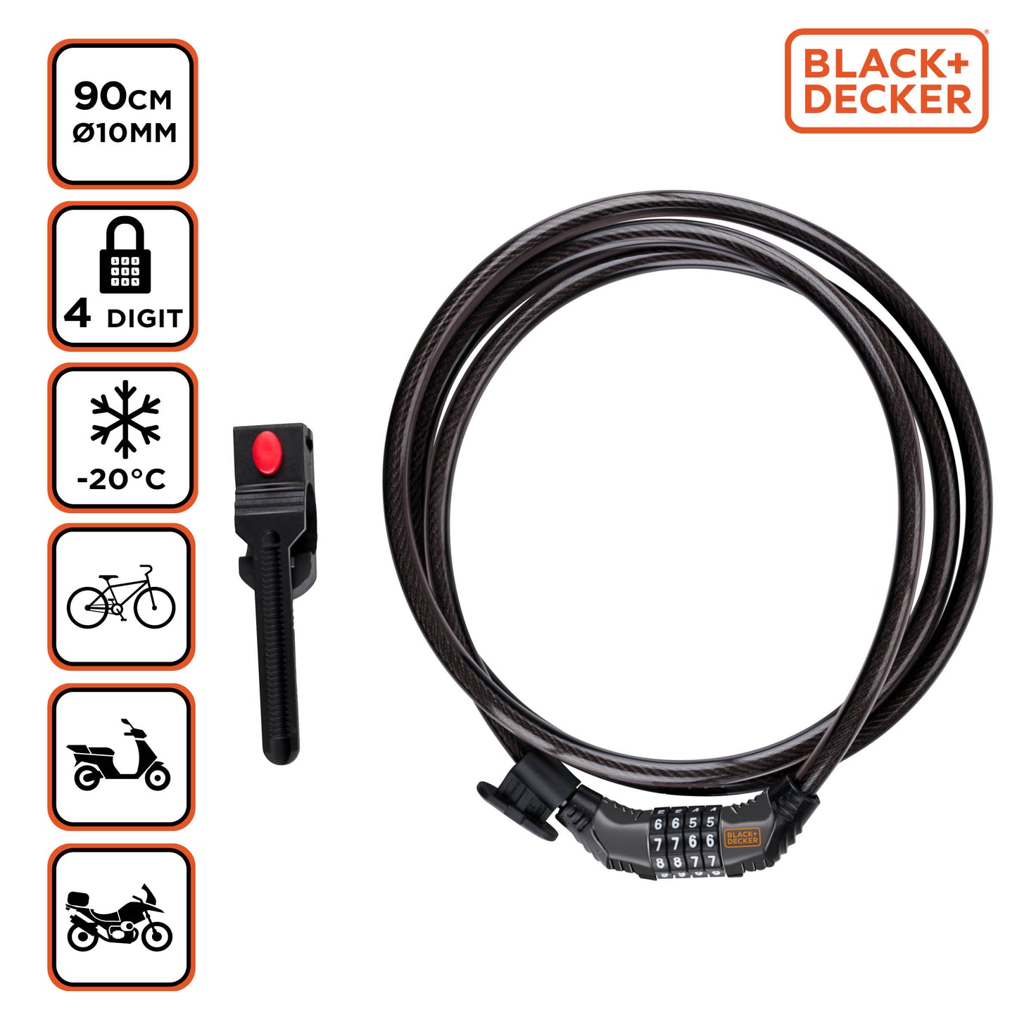 Bicycle combination lock from Black+Decker, 180 cm